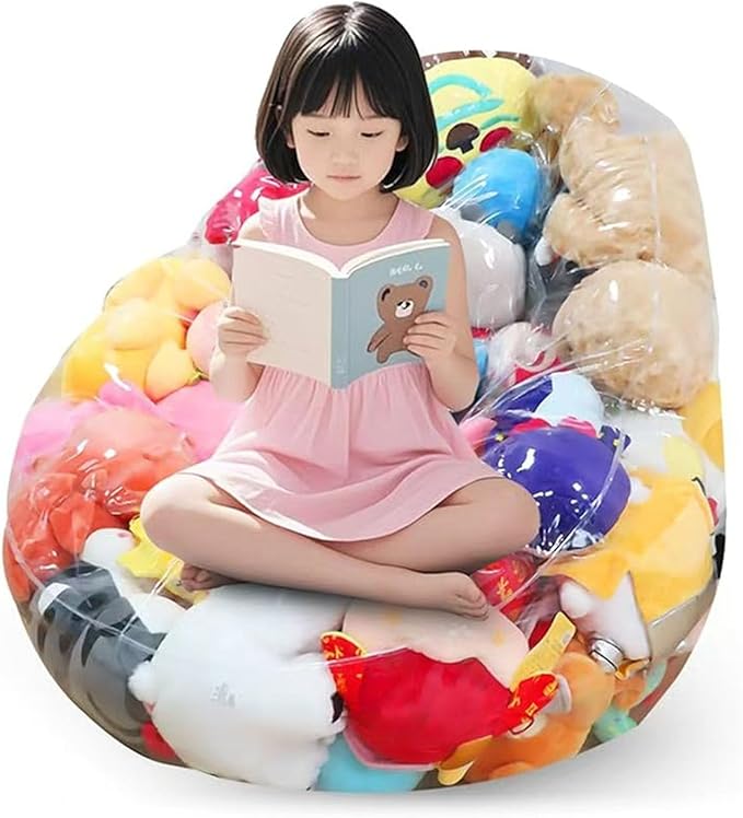 Clear Stuffed Animal Storage Bean Bag Chair Cover - Extra Large Stuffed Animal Storage Chair Waterproof & Easy-Clean Toy Organizer with Plastic Window (Cover Only, No Filler) (1Pcs)