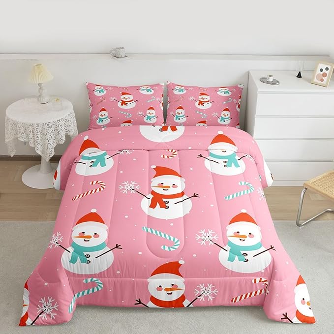 Feelyou Pink Christmas Bedding Set Soft for Boys Girls, Snowman Comforter Set Twin Size Snowflake Duvet Quilt Microfiber Candy Cane Bedroom Decor 2 Pcs with 1 Pillow Cases
