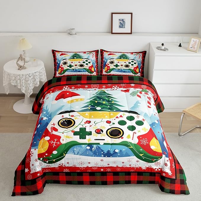 Gamer Gaming Comforter Set Twin Size,Christmas Tree Snowflake Bedding Set for Kids Boys Girls Room Decor,Video Games Christmas Theme Quilt Set 2Pcs,Red Green Plaid Xmas Duvet Insert,1 Pillowcase