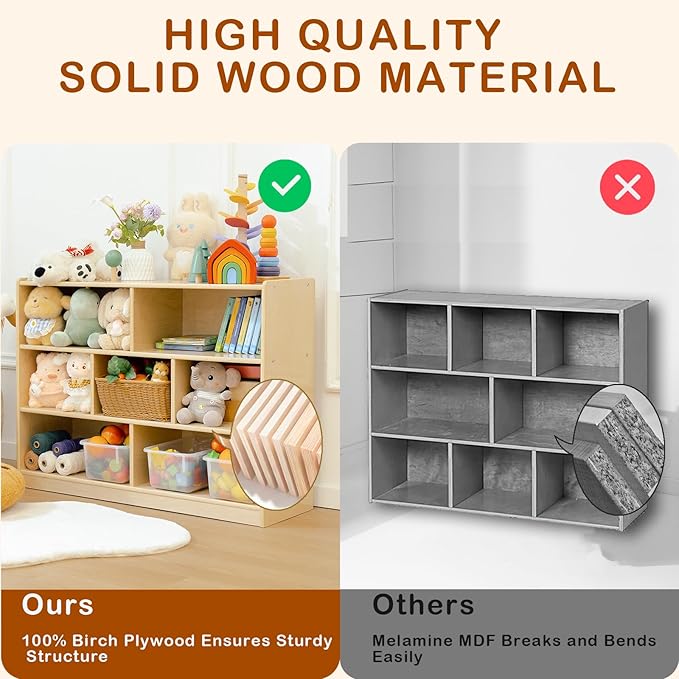 Montessori Shelf 7-Section Toy Storage Shelf 30in Birch Wood Kids Bookshelf Classroom Storage Shelves Low Bookcase Book Shelf for Kids Room Nursery Playroom Daycare Preschool, Natural