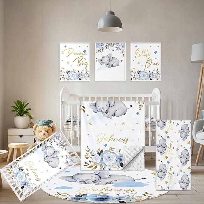 Custom Baby Crib Bedding Set, 5 Pcs Personalized Name Baby Crib Sets for Infant Toddler, Blue Elephant Nursery Bedding Set for Boy Girl, Double Layer Flannel Baby Bedding Sets Customized Gifts