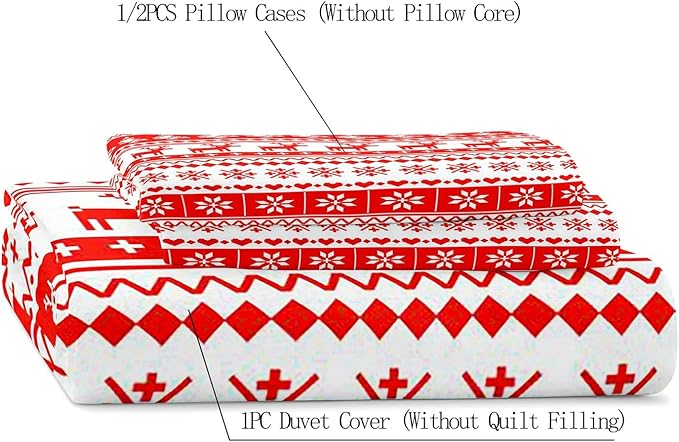LUVIVIHOME 3PCS Christmas Duvet Cover Queen Bedding, White Red Duvet Cover, Reindeer Snowflake Poinsettia Christmas Tree Holiday New Year Xmas Striped Comforter Quilt, 2 Pillow Shams