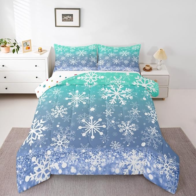 Feelyou Winter Snowflake Kids Comforter Set Toddler Size Christmas Bedding Set Winter Holiday Duvet Quilt for Kids Boys Girls Bedroom New Year Decor Microfiber Ultra Soft Breathable