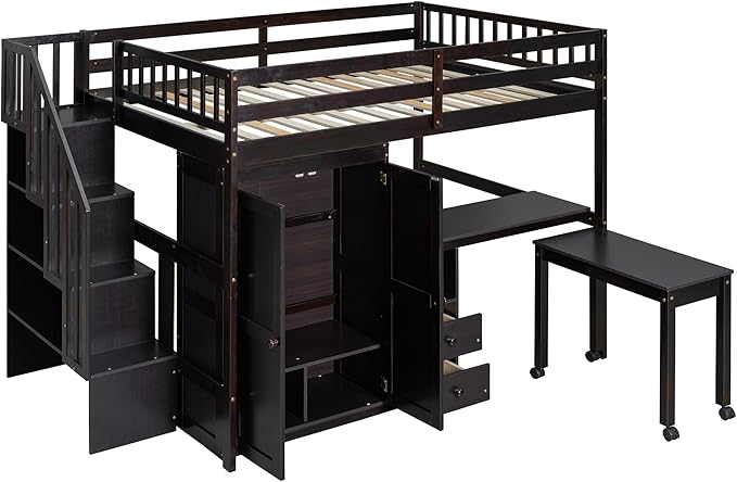 Merax Kids Full Multifunction Loft Bed with Desk/Wardrobe, Wood Storage Loft Bed with Staircase, Bookshelf & Drawers, No Box Spring Needed, Space Saving, Espresso