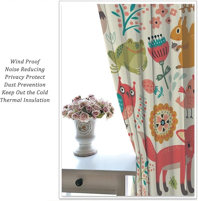 Kids Baby Woodland Blackout Curtains,Forest Animals Plants Cartoon Funny Colorful Deer Fox Owl Pattern Thermal Insulation Window Drapes for Boys Girls Children's Bedroom 52x84in