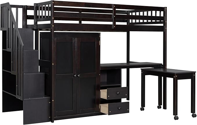Merax Kids Twin Multifunction Loft Bed with Desk/Wardrobe, Wood Storage Loft Bed with Staircase, Bookshelf & Drawers, No Box Spring Needed, Space Saving, Espresso