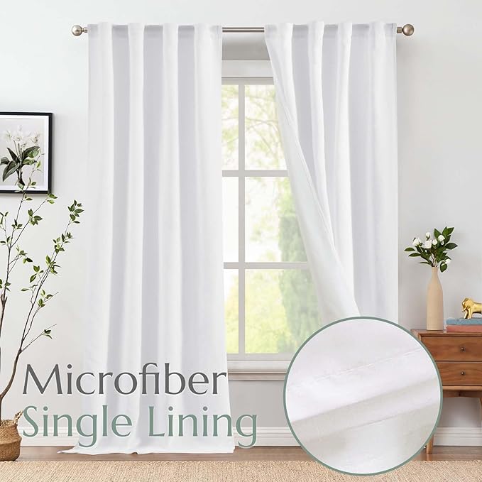jinchan Linen Curtains with Privacy Lining 108 Inch Length White Farmhouse Closet Lined Drapes for Small Narrow Window Bedroom Living Room Bay Window 2 Panels Rod Pocket Back Tab
