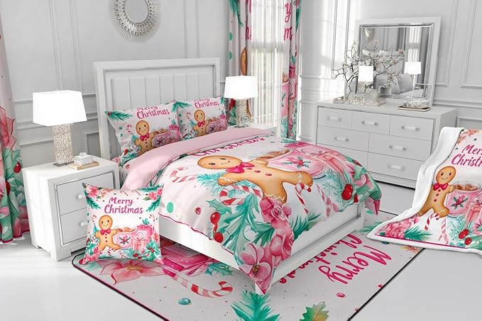 Feelyou Gingerbread Man Kids Comforter Set Twin Size Merry Christmas Bedding Set Christmas Decor Duvet Quilt for Kids Boys Girls Bedroom Xmas Decor Microfiber Ultra Soft Breathable