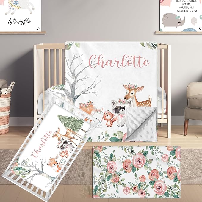 Custom Name Crib Bedding Set, 3 Pcs Personalized Baby Crib Bedding Set, Soft Pink Forest Animals Nursery Crib Sets for Boys Girls, Double Layer Toddler Bedding Set Customized Gifts for Newborn