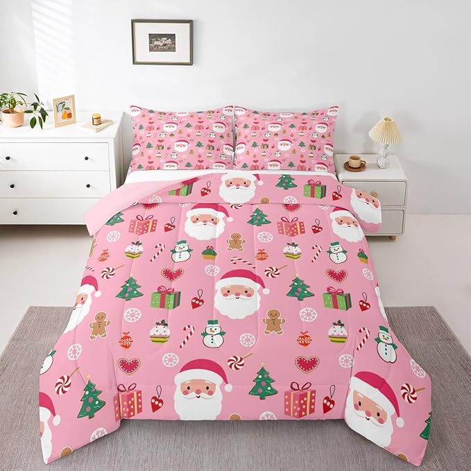 Feelyou Santa Claus Kids Comforter Set Queen Size Christmas Decor Bedding Set New Year Gift Duvet Quilt for Kids Boys Girls Bedroom Merry Christmas Decor Microfiber Ultra Soft Breathable
