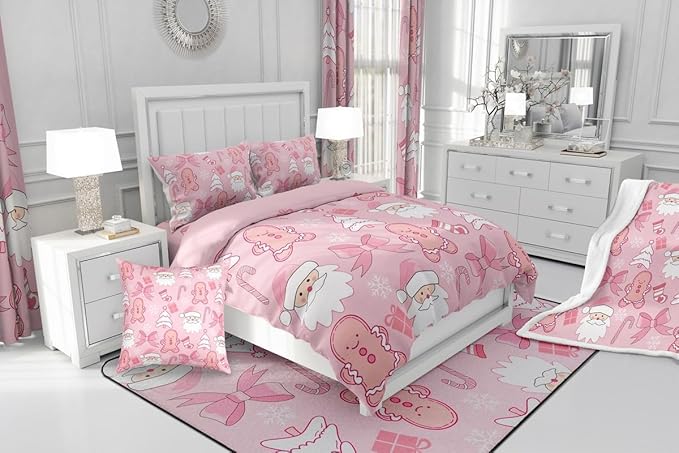 Feelyou Pink Christmas Bedding Set Soft for Boys Girls, Santa Claus Comforter Set Toddler Size Gingerbread Man Duvet Quilt Microfiber Bow Candy Cane Bedroom Decor 2 Pcs with 1 Pillow Cases