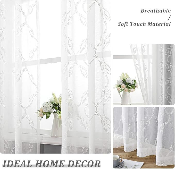 VISIONTEX Sheer Curtains 120 Inches Long 2 Panels Set, White Moroccan Embroidery Texture Geometric Rod Pocket White Voile Tulle Semi Window Treatment Pair for Bedroom, W54 x L120