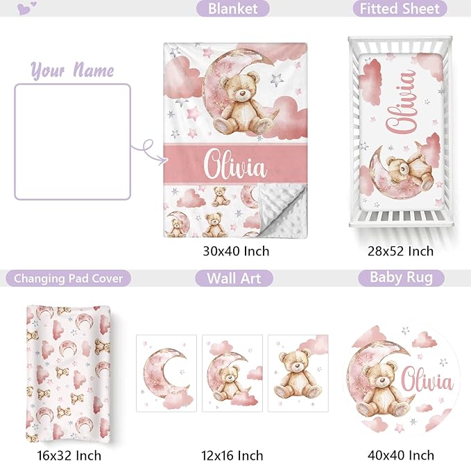 Personalized Baby Crib Bedding Set, 5 Pcs Custom Name Nursery Bedding Set for Girls Boys, Pink Bear Baby Crib Set for Toddlers Infants, Double Layer Bedding Crib Sets Customized Gifts