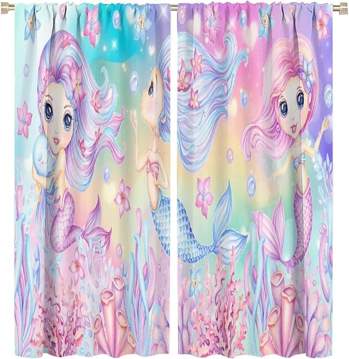 Cartoon Mermaid Kids Curtain Fantasy Ocean Theme Coral Flower Floral Window Treatment for Kids Girls Bedroom Nursery Room Decor Rod Pocket Blackout Window Drapes 63x72in