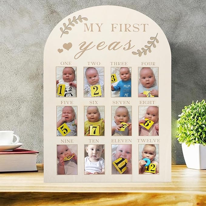 Wooden Milestone Photo Frame First Year Display Board for Newborns Months Keepsake with Sturdy Construction and Simple Design for Nursery Decoration