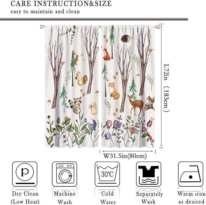 Forest Animal Kids Curtains, Watercolor Cartoon Window Treatments, Cute Animal Floral Girl Toddler Home Bedroom Living Room Drapes 63x72in