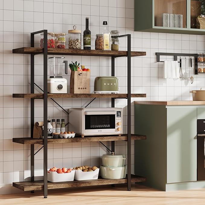4 Tier Bookcase, 47 Inch Wide Wood Bookshelf, 120lbs Shelf Capacity Estante, Rustic Open Shelving Industrial Display with Reinforced Horizontal Brown Shelves for Living Room Bedroom Office