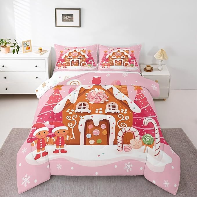 jejeloiu Kids Christmas Theme Comforter Set King Size Cute Gingerbread Man Bedding Set for Boys Girls Teens Pink Xmas Tree Candy House Winter Snowflake New Year Duvet Quilt Room Decor
