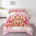 jejeloiu Kids Christmas Theme Comforter Set King Size Cute Gingerbread Man Bedding Set for Boys Girls Teens Pink Xmas Tree Candy House Winter Snowflake New Year Duvet Quilt Room Decor