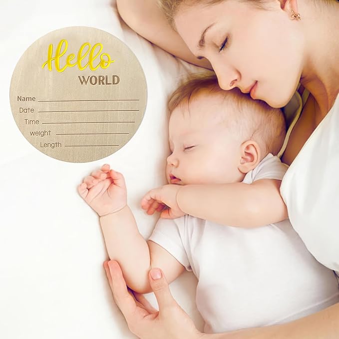 Baby Announcement Sign, 5.9 Inch Wooden Hello World Newborn Signs, Birth Announcement Sign, Baby Shower Hospital Nursery for Newborn Boys and Girls… (Yellow)