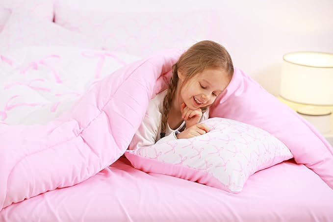 7 Pieces Cartoon Bowknot Kids Comforter Twin,Pink Bow Tie Butterfly Knot Princess Bedding Set,Watercolor Bow Patchwork Pink White（Comforter+Fitted+Flat Sheet+2 Pillowcases+2 Throw Pillow Covers）