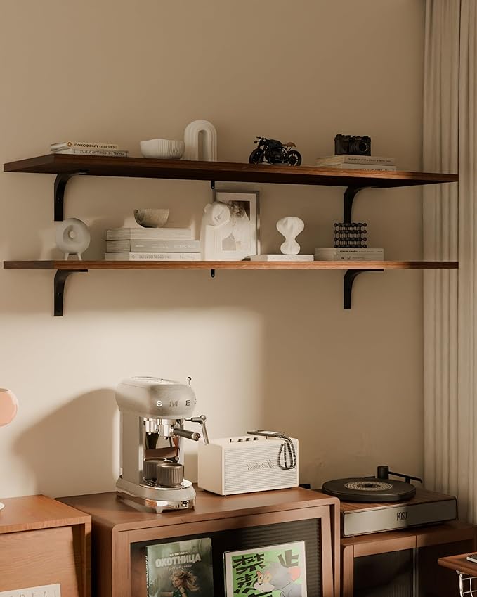 12x60 Inch Rustic Walnut Wood Floating Shelves 2-Pack - Farmhouse Walnut Wall Shelves with 100 lbs Capacity, Easy Installation for Living Room, Kitchen, Bathroom
