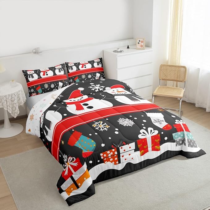Feelyou Christmas Comforter Set Twin Size Snowman Bedding Set for Kids Boys Girls Snowflake Duvet Quilt New Year Gift Bedroom Decor Microfiber 2 Pcs with 1 Pillow Cases