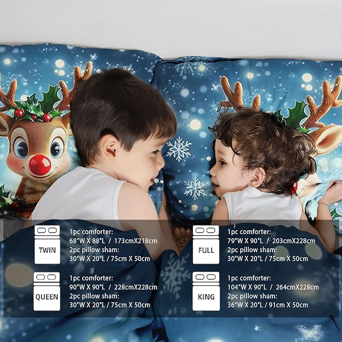 Raphus cucullatus Christmas Bedding Full,Reindeer Christmas Decor Comforter Set,Holiday Bedding Winter Quilt,Snowflake Navidad Comforter Set Full,Cute red Nose Reindeer Quilt
