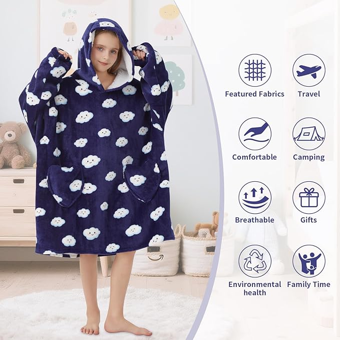 Fiosnow White Cloud Blanket Hoodies for Kids 6-13YR Oversize Wearable Blanket Hoodies for Boys Girls Teens