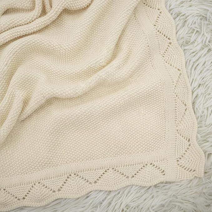Baby Knit Blanket Soft Breathable Cotton Scallop Border Blankets Newborn Knitted Blanket Swaddle Blankets Gifts for Baby Newborn Toddler Shower Boy Girl New Mom Birthday Christmas Cream 28x36