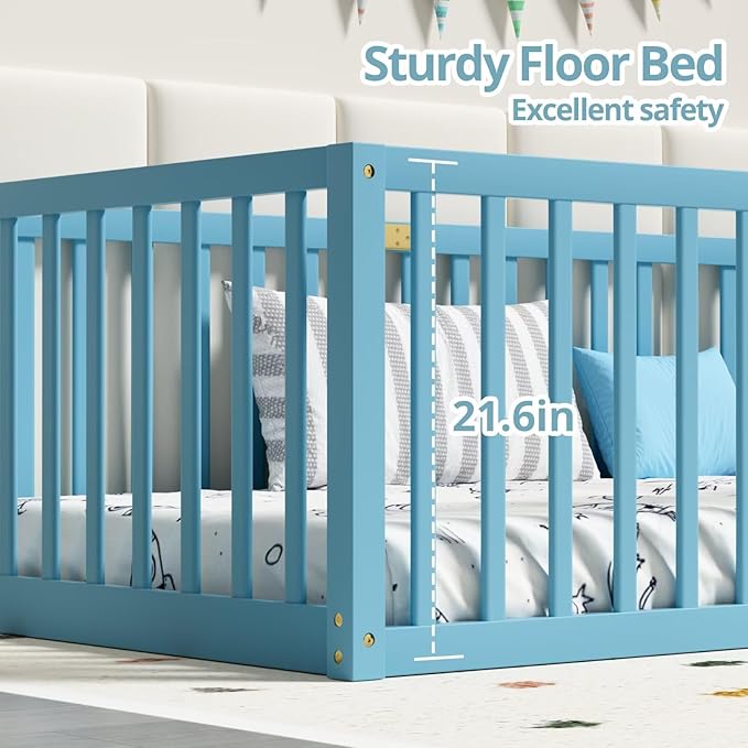 LLS Full Size Floor Bed with 21.6" High Fence for Kids Boys Girls, Solid Wood Multifunctional Montessori Bed Frame with Door, Without Slats, Sky
