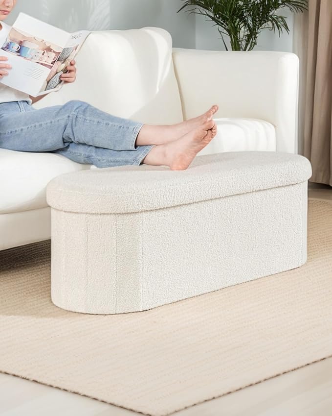 Storage Ottoman Bench, 43.3 Inches Oval Ottoman with Storage, Teddy Boucle Foot Rest, Large Folding Ottoman Bench for Living Room, Entryway, Bedroom, White