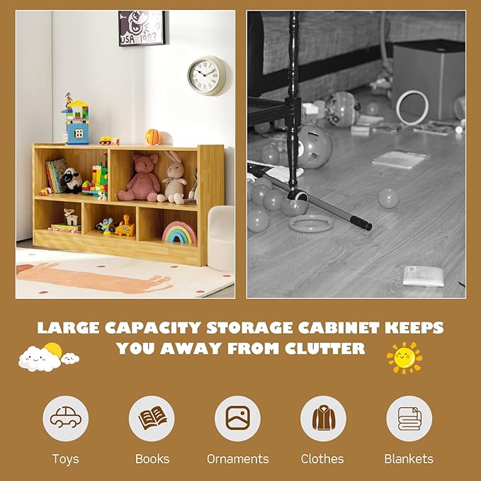 Costzon Toy Storage Organizer for Kids, 5-Section School Classroom Storage for Organizing Books Toys, Wooden Kids Bookshelf Daycare Furniture for Preschool, Playroom, Nursery, Kindergarten (Burlywood)