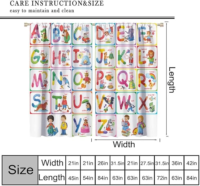 Kids Alphabet Curtains Cartoon Animal Funny Education Learning Curtain with Rod Pocket for Bedroom Nursery Children Toddler Decor Drapes Window Treatments 2 Panels Set 42" W X 63" L
