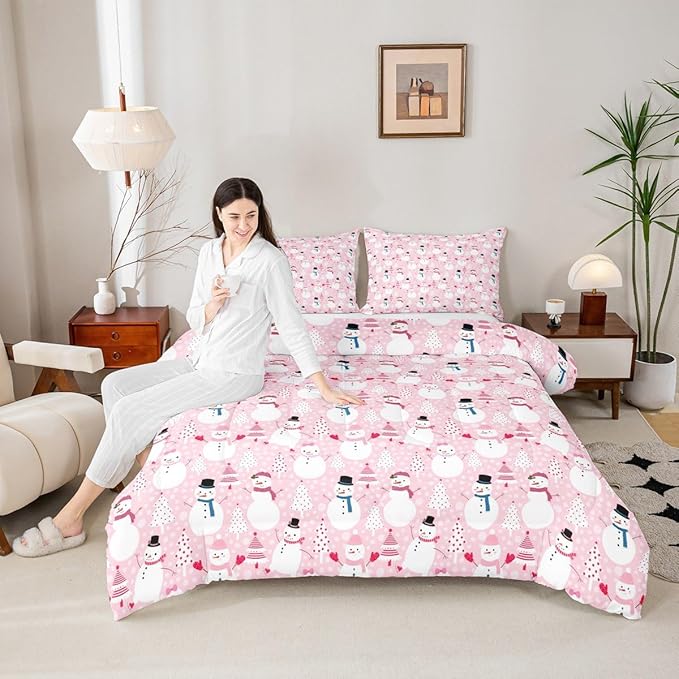Castle Fairy Snowman Christmas Tree Comforter Set,Cartoon Pink Dreamy Bedding Set Kids Teens Modern Decor,Merry Christmas Comforter with 1 Pillowcase for All Seasons,Twin