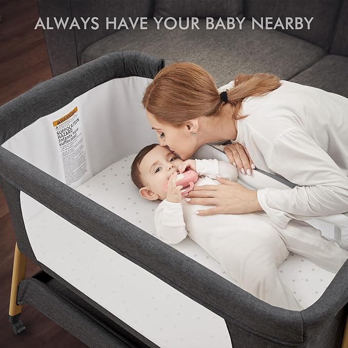 ANGELBLISS 3 in 1 Baby Bassinet, Rocking Bassinets Bedside Sleeper with Comfy Mattress and Wheels, 6 Height Adjustable Easy Folding Portable Bedside Crib for Newborn Infant (Dark Grey)