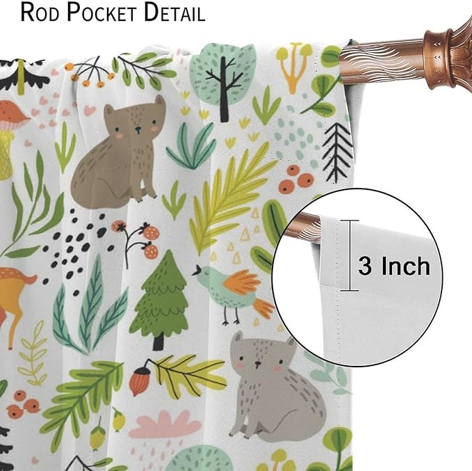 Cartoon Forest Kids Blackout Curtains,Cute Woodland Wild Animals Colorful Deer Plants Trees Print Pattern Thermal Insulation Window Drapes for Nursery Boys Girls Bedroom,White Background 63x72in