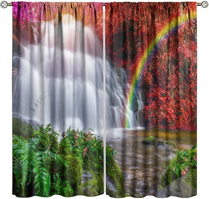 Waterfall Blackout Curtains, Nature Landscape Forest Mountain Waterfall Scenery Scene Print Pattern Window Drapes, for Bedroom Living Room 42" W X 45" L