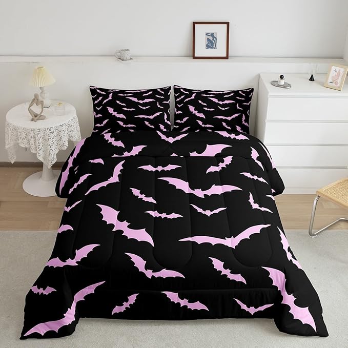 Erosebridal Halloween Bedding Set Queen Size for Kids Boys Youth Pink Bats Comforter Set Happy Holiday Gothic Quilt with 2 Pillow Cases Spooky Animal Bedding Comforter Sets