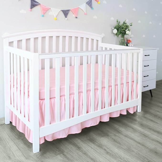 Crib Skirt Pleated Dust Ruffle Pink Nursery Room Decor for Girls Boys Crib Toddler Bedding 14" Drop fit Standard Crib Toddler Bed Skirts Machine Washable
