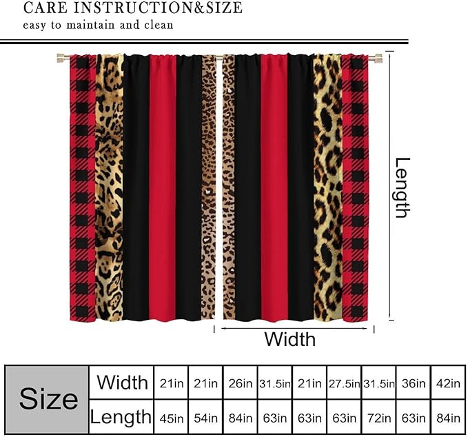 Leopard Skin Blackout Window Curtains, Brown Cheetah Red Black Plaid Stripe Print Window Drapes for Kids Boy Girls Bedroom Living Room 42" W X 54" L