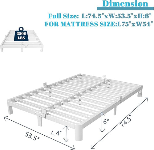 6 Inch Full Size Bed Frame with Metal Gaskets, White Full Bed Frame No Box Spring Need, Heavy Duty Steel Platform Support, Round Corner Legs, Easy Assembly, Noiseless