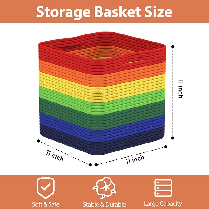 Storage Cotton Cubes 11 Inch, Woven Cotton Rope Storage Baskets for Toys Blanket Organizing, Storage Bins Decorative Organizer with Handles for Living Room Laundry Room Closet (3 Pack, Rainbow)
