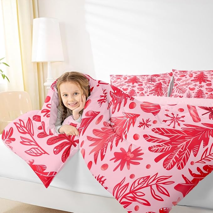 Feelyou Christmas Kids Comforter Set Queen Size Snowflake Candy Bedding Set Xmas Tree Duvet Quilt for Kids Boys Girls Bedroom Pine Tree Decor Microfiber Ultra Soft Breathable