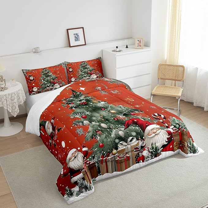 Christmas Theme Comforter Set Twin Size,Snowflake Christmas Tree Bedding Set for Kids Teens Adults Room Decor,Santa Claus Red Quilt Set 2Pcs,X'mas Star Polka Dot Glitter Duvet Insert,1 Pillowcase