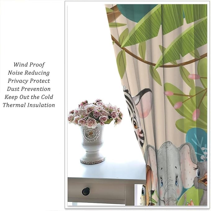 Animals Curtains Colorful Forest Cartoon Cute Zebra Tiger Elephant for Kids Boys Girls Nursery Bedroom Living Room Blackout Rod Pocket Decoration Window Drapes 2 Panels W27.5xL63in