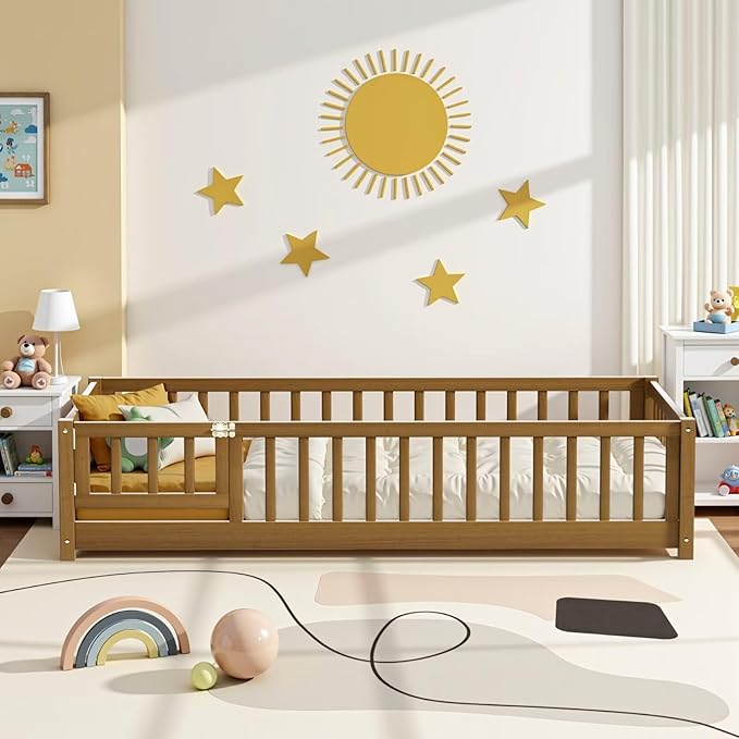 i-POOK Twin Floor Bed Frame with Wood Slats, High Fence & Small Door, Pinewood Montessori Floor Bed for Girls and Boys,Light Espresso