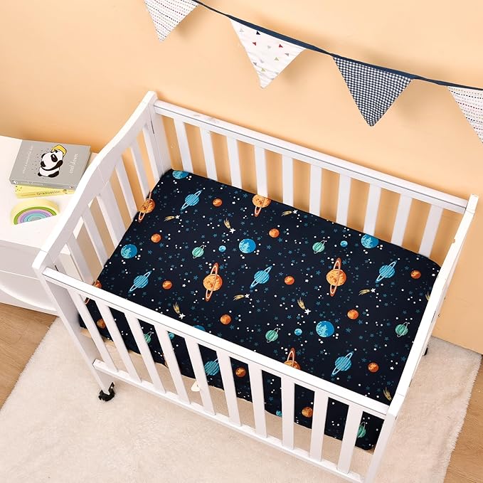 PHF 3 Pack Soft Mini Crib Sheets, Space Silky Pack N Play Sheets for Baby Boys Girls Neutral, Universal Fit for Pack N Play, Playard, Portable and Mini Crib Mattresses, Space