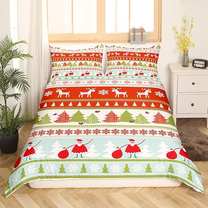 Manfei Xmas Duvet Cover Set Twin Size, Deer Snowflake Trees Santa Claus Comforter Cover with 1 Pillowcase, Christmas Theme Bedding Set 2pcs for Kids Boy Girls New Year Bedspread Cover,No Comforter