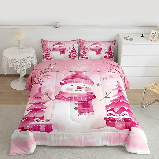 Feelyou Pink Christmas Comforter Set Full Size Snowman Bedding Set for Kids Boys Girls Cute Snowflake Duvet Quilt Merry Christmas Tree and Snowman Room Decor 3 Pcs with 2 Pillow Cases